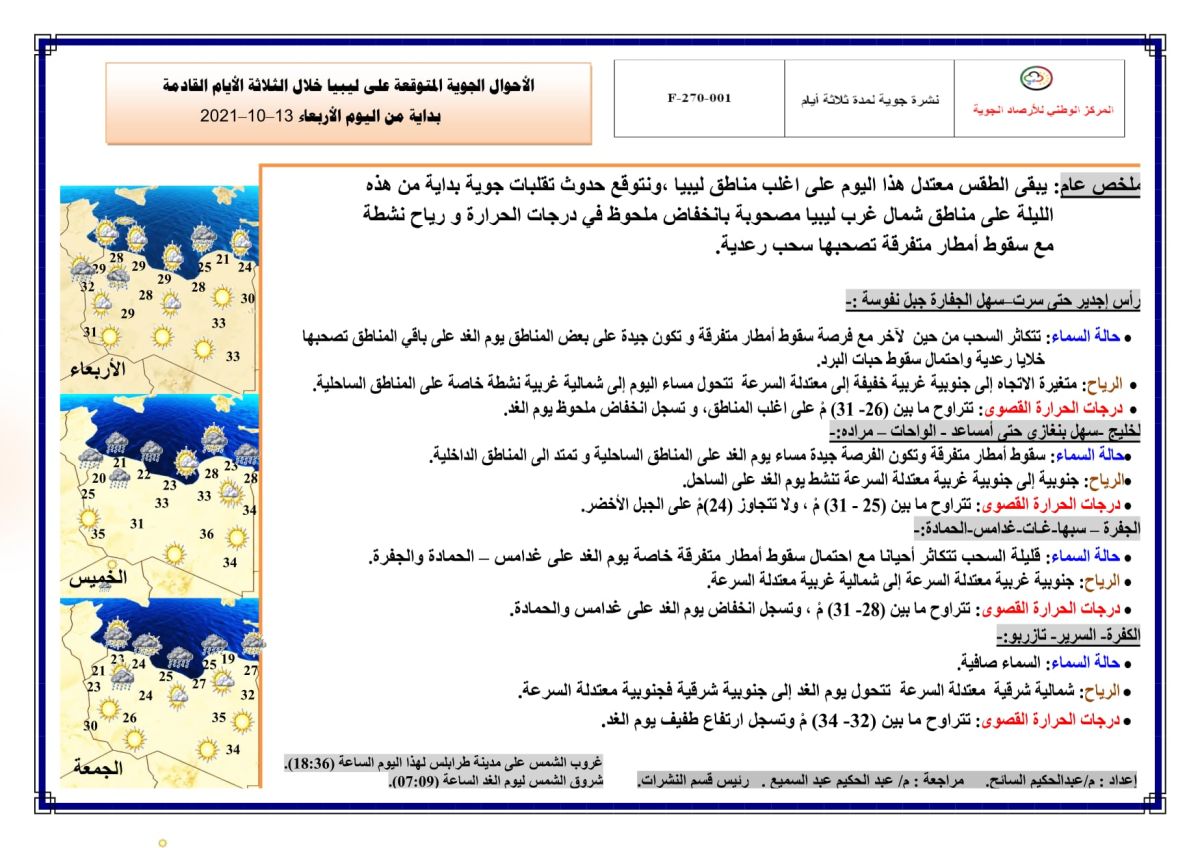 النشرة الجوية ليوم الإربعاء الموافق 13– 10 – 2021 الصادرة عن المركز الوطني للأرصاد الجوية