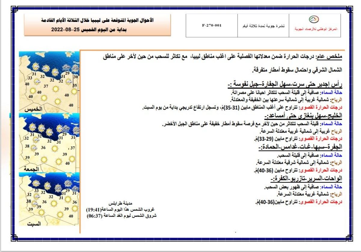 النشرة الجوية ليوم الإربعاء الموافق 25 – 08 – 2022 الصادرة عن المركز الوطني للأرصاد الجوية