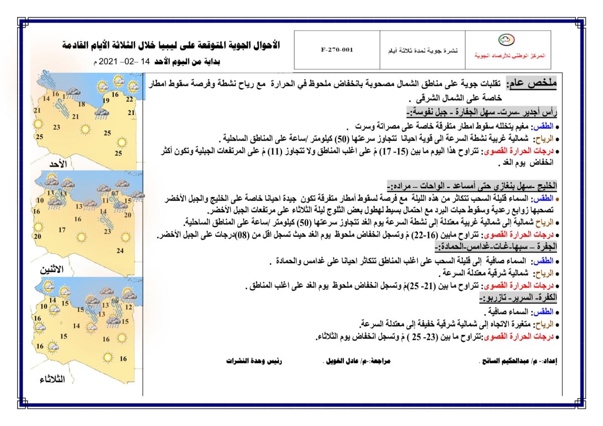 النشرة الجوية ليوم الأحد الموافق 14 – 02 – 2021 الصادرة عن المركز الوطني للأرصاد الجوية