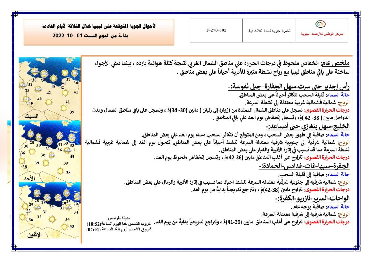 النشرة الجوية ليوم السبت الموافق 01 – 10 – 2022 الصادرة عن المركز الوطني للأرصاد الجوية