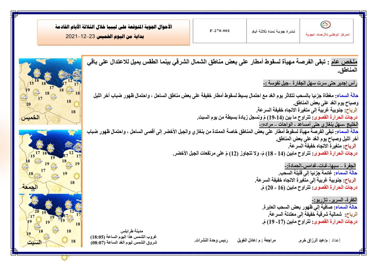 النشرة الجوية ليوم الخميس الموافق 23 – 12 – 2021 الصادرة عن المركز الوطني للأرصاد الجوية