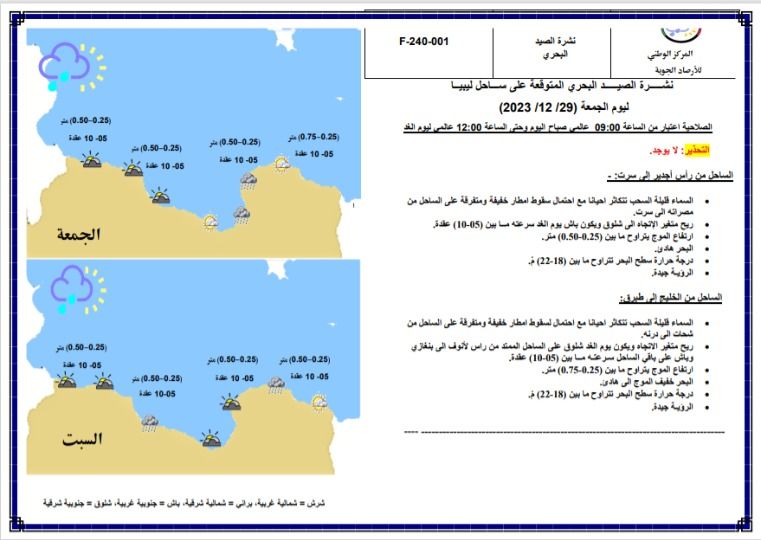 النشرة الجوية ليوم الجمعة الموافق 29– 12– 2023 الصادرة عن المركز الوطني للأرصاد الجوية