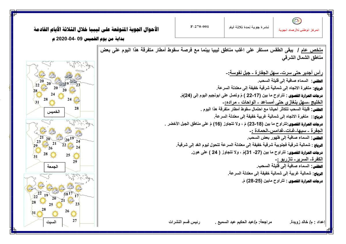 النشرة الجوية ليوم الخميس الموافق 09 – 04 – 2020 الصادرة عن المركز الوطني للأرصاد الجوية